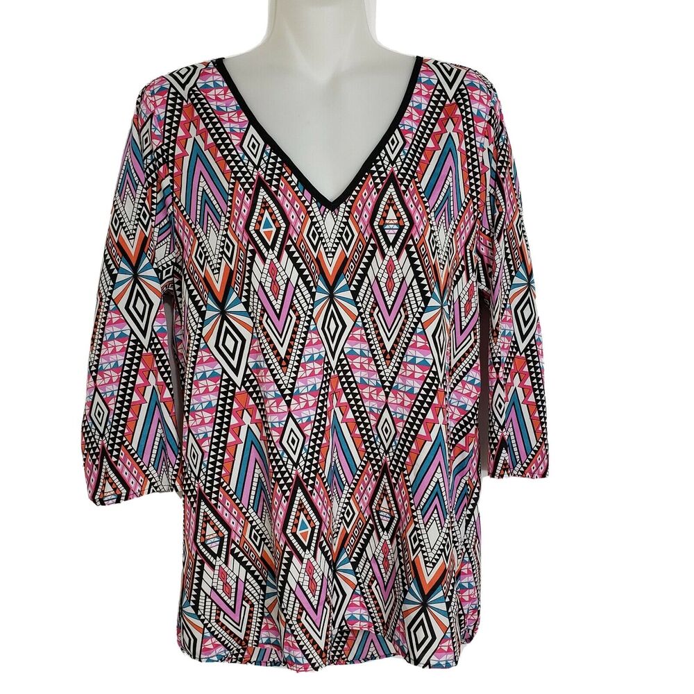 Dina Be Womens Tunic Top Medium Geometric V Neck High Low Multi Color 3/4 Sleev